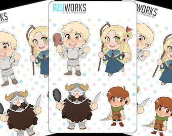 May include: A set of 10 colorful cartoon character stickers featuring a variety of characters, including a knight, a shepherd, a warrior, a dwarf, and a child. The stickers are printed on white glossy paper and are perfect for adding a touch of whimsy to your laptop, water bottle, or planner.