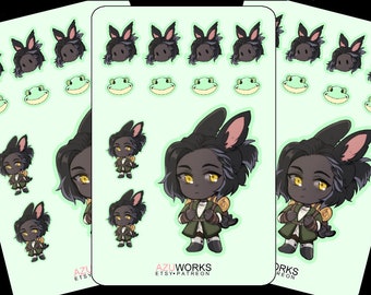 May include: A set of 3 sticker sheets featuring a cartoon character with black fur, long ears, and a green backpack. The character is wearing a green shirt and brown pants. The sticker sheets also include a frog design.