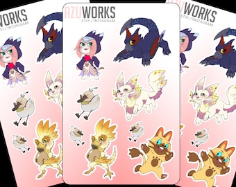 May include: Three sheets of stickers featuring various cartoon characters from the Monster Hunter video game series. The stickers are printed on white paper with a pink background. The characters include a black and purple monster, a white and purple cat-like creature, a white and yellow bird-like creature, and a yellow and orange cat-like creature.