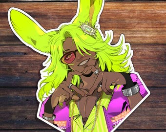 May include: A vibrant sticker featuring an anime-style character with neon green hair and bunny ears. The character wears pink-tinted glasses, a gold chain, and a pink and yellow jacket. The sticker has a white border and a diamond shape.