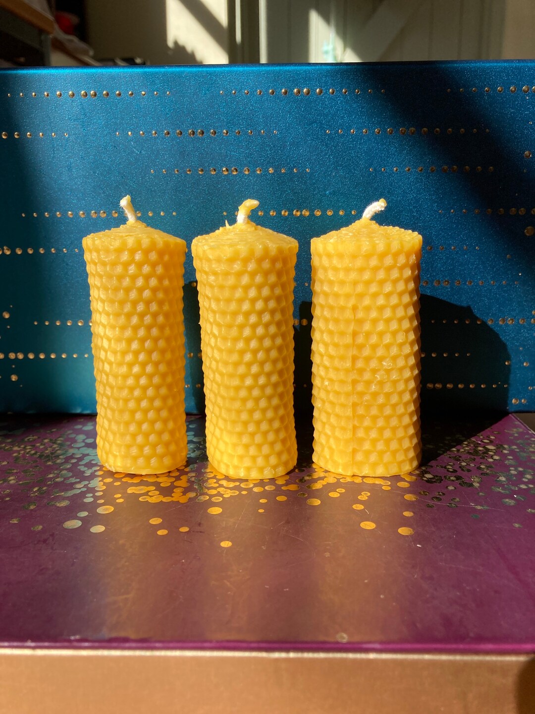 Pure Beeswax Candles Pattern X 3 Handmade in Hertfordshire
