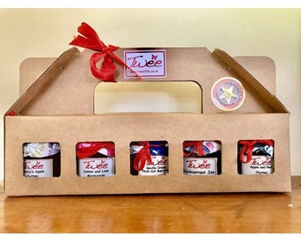 Mini Jars Gift box containing 5 x 45ml jars of homemade Preserves Jams, Marmalades and Chutneys gift pack - gift hamper - perfect gift