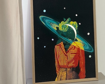 Holographic Poster of Woman and Saturn | Vintage Style Wall Art