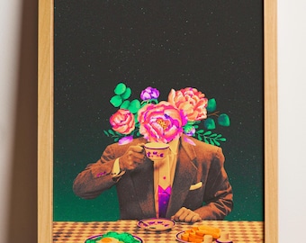 Retro Breakfast Art Print – Vintage 60s Floral Collage Poster