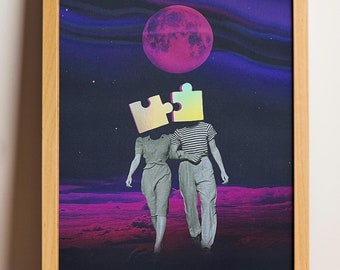 Holograficzny plakat Couple - połączenie puzzli, retro kosmiczny motyw