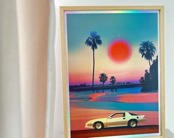 Plakat holograficzny Miami – styl retro kalifornijski