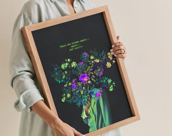 Bloom – Motywująca sztuka ścienna, kwiatowy nadruk z kobietą, pozytywny cytat