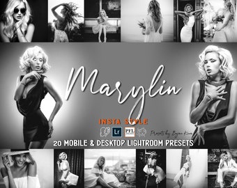 20 MARYLIN BW Instagram Lightroom Presets, bw LR Presets / Monochrome photo filter for Instagram / Blogger presets / Black and White Preset