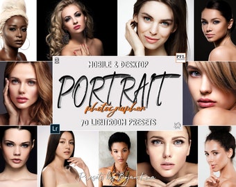 May include: A collage of images featuring various women with different skin tones and hairstyles. The images are arranged in a grid pattern and are used to promote a set of 70 Lightroom presets for portrait photography. The text "Portrait Photographer" is displayed in a large, stylized font, along with the text "70 Lightroom Presets".