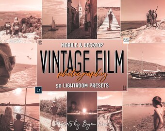50 preajustes de Lightroom con aspecto de película vintage y filtro de grano retro (para dispositivos móviles y ordenadores).