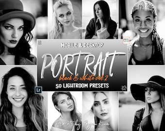 50 BLACK and WHITE Portrait Lightroom Presets, Portrait Presets / black and white face mobile presets / BW preset / Instagram Presets