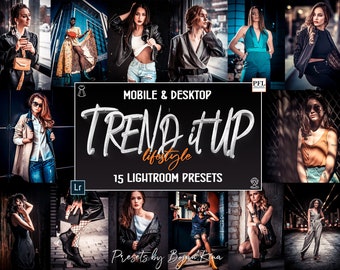 May include: A collage of 15 Lightroom presets for mobile and desktop, called "Trend it Up Lifestyle". The presets are designed to enhance photos with a trendy and stylish aesthetic.
