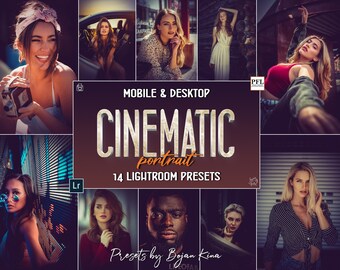 May include: A collection of 14 Lightroom presets for mobile and desktop, designed to give photos a cinematic look. The presets are called "Cinematic Portrait" and are by Bojan Kina.