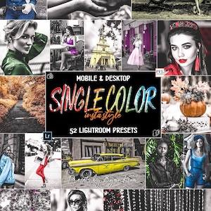 May include: A set of 52 Lightroom presets for mobile and desktop, called "Single Color Insta Style" by Bojan Kina. The presets are designed to create single-color images with a vintage aesthetic.