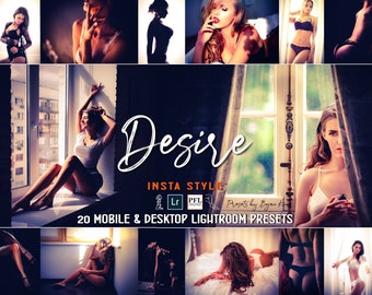 May include: A collage of images featuring women in various poses and settings. The images are edited with a warm, vintage-inspired filter. The text "Desire Insta Style" is displayed in a bold, handwritten font. The text "20 Mobile & Desktop Lightroom Presets" is also displayed.