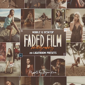 Puede incluir: Un collage de 20 presets de Lightroom para dispositivos móviles y de escritorio, titulado "Faded Film Photography" con una estética vintage. Los presets están diseñados para dar a las fotos un aspecto descolorido y de película.