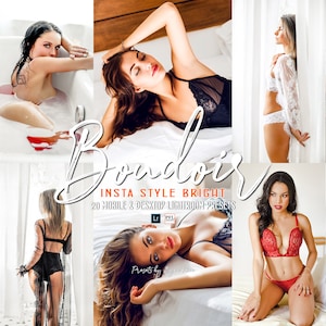 May include: A collage of images featuring women in lingerie. The images showcase various styles of lingerie in colors like black, white, and red. The word "Boudoir" is written in cursive, along with text indicating "Insta Style Bright" and "20 Mobile & Desktop Lightroom Presets."