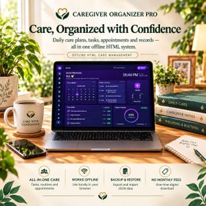 May include: A laptop displaying the Caregiver Organizer Pro dashboard with a dark purple interface, featuring a calendar, care tasks, and progress charts. The screen shows text including Care, Organized with Confidence.