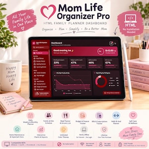 Organizador interativo para a vida de mãe | Painel de planejamento familiar em HTML | Rastreador digital de orçamento, refeições e hábitos