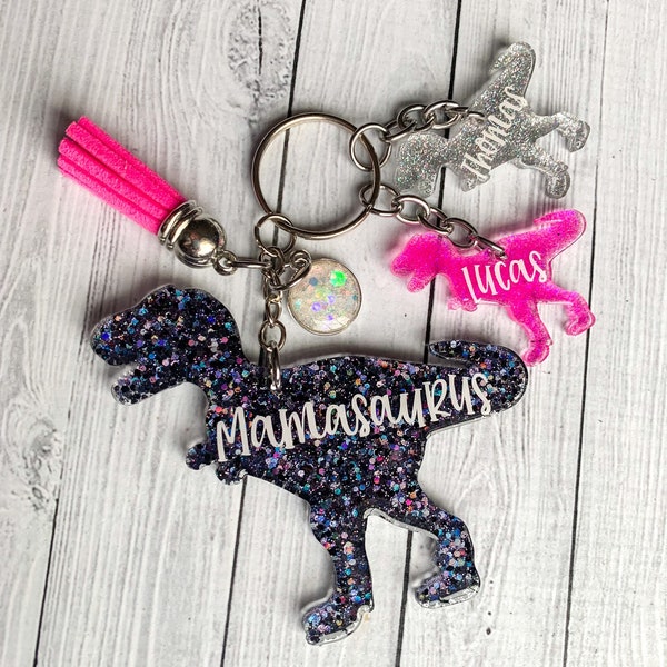 Dinosaur Keychain, Mama and Baby Set, Mamasaurus Keychain, Glitter Keychain