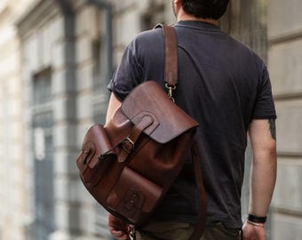 Hand Stitched Brown Leather Backpack: Vintage Travel Rucksack