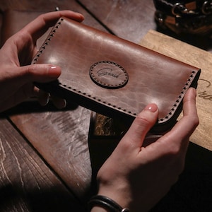 Cartera grande de piel para mujer, funda para teléfono tipo billetera marrón, monedero, cartera de mano en piel marrón, billetera larga de piel, regalo para ella