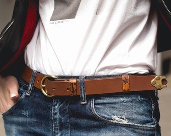 Handmade Italian Leather Belt: Brown Brass Buckle Jean Belt