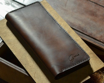 Elegante cartera larga de diseño de cuero para hombre, cartera tarjetero de cuero vintage marrón, cartera bifold grabada, cartera de cuero delgada para hombre