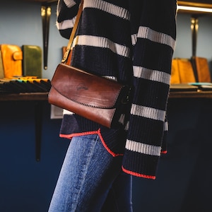 Vintage Brown Leather Crossbody Bag: Hand Stitched Saddle Purse