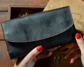 Handmade Leather Phone Wallet: Wristlet Clutch with 14 Card Slots