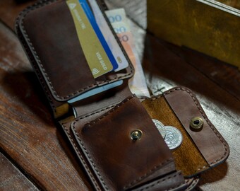 Monedero de cuero para hombre, billetera plegable para hombre con bolsillo para monedas, billetera pequeña para monedas, billetera para tarjetas personalizada, billetera para tarjetas de crédito de cuero marrón
