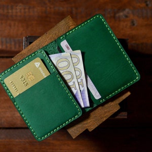 Green card holder wallet, Small groomsmen gifts, Personalized credit card holder, bi fold front pocket card case, minimalist men wallet image 1