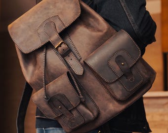 Handmade Full Grain Leather Backpack: Rugged Vintage Rucksack