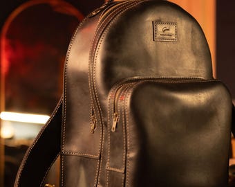 Handmade Full-Grain Black Leather Backpack – Personalized Travel Rucksack