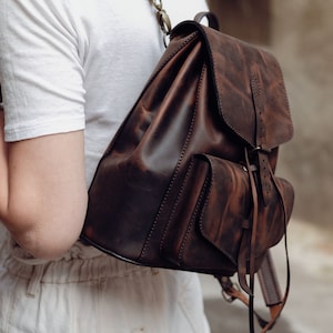Handstitched Leather Mini Backpack: Personalized Cognac Brown City Backpack