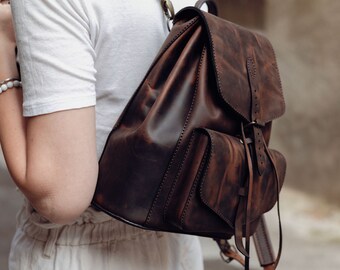 May include: A brown leather backpack with a flap closure and a front pocket. The backpack has a distressed look and is worn on the back of a person.