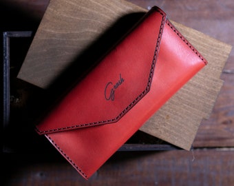 Red Leather Wallet: Large Women's Clutch with Zip Pocket