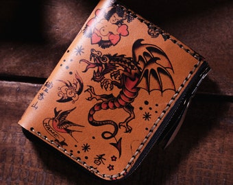 luxury zipper wallet with tattoo prints, Italian leather wallet, wallet for men, Pocket zipper wallet, gift for men, zip around wallet