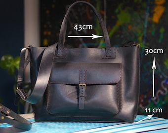 Black leather tote, Laptop tote bag,  Shoulder leather bag, Shopping leather bag, Gift ideas for woman, Black Leather Purse, Black handbag