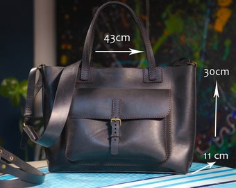 Black Leather Tote Bag: Handmade Full Grain, Laptop Shoulder Bag