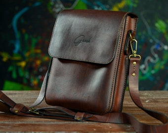Mens leather messenger bag, leather portfolio bag for him, small leather shoulder bag, travel document holder from brown leather, gift