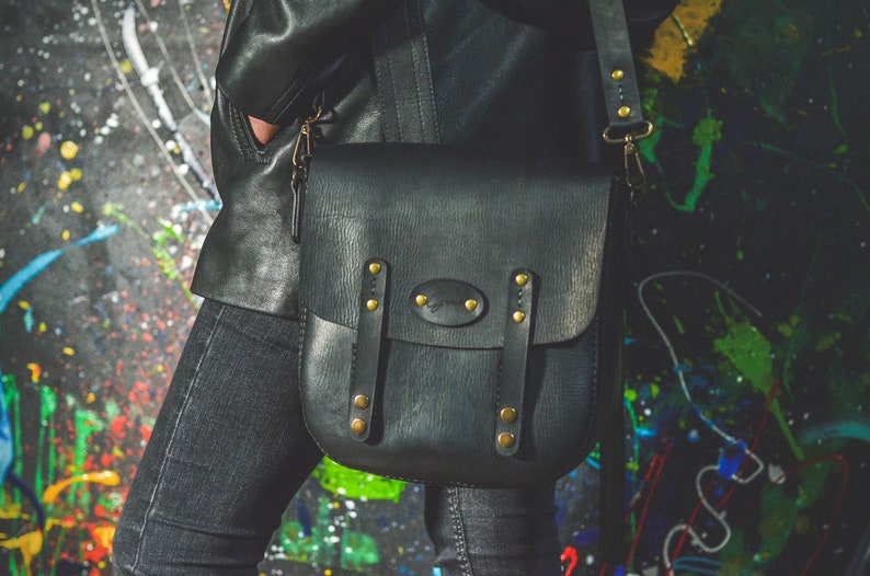 Schwarze Messenger-Tasche für Frauen, Leder Classy Bag, handgemachte mittlere Crossbody Geldbörse, jeden Tag DamenTasche Bild 10