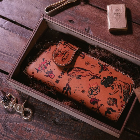 Italian Leather Biker Wallet: Retro Tattoo Print, Long Wallet