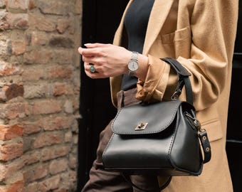 Handmade Black Leather Crossbody Bag: Artisan Satchel Purse