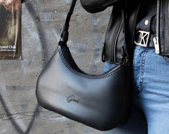 Handcrafted Black Leather Moon Bag: Minimalist Shoulder Bag