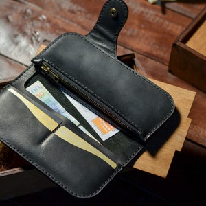 Cartera de motociclista negra PERSONALIZADA, Cartera larga de cuero para hombre, Cartera de camionero con cremallera, Cartera de viaje con monograma, Cartera plegable de cuero negro imagen 7