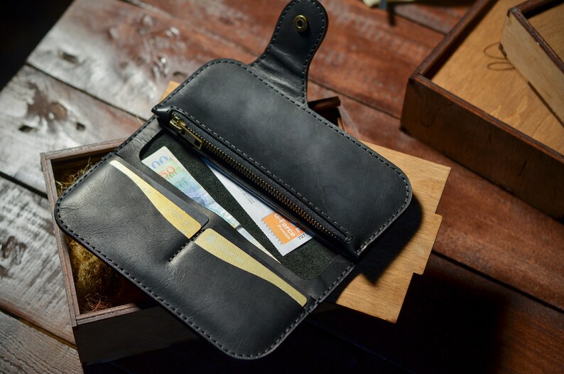 Cartera de motociclista negra PERSONALIZADA, Cartera larga de cuero para hombre, Cartera de camionero con cremallera, Cartera de viaje con monograma, Cartera plegable de cuero negro imagen 7