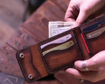 Handmade Brown Leather Bifold Wallet: Vintage Biker Style
