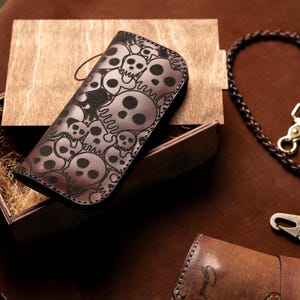 Cartera de calavera, Cartera de piel estilo motero, Cartera hecha a mano, Cartera de piel para moto, Cartera larga, Regalo para padre