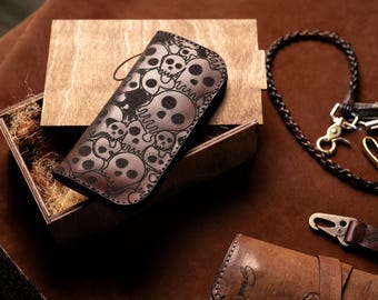 Handmade Skull Leather Biker Wallet: Engraved Long Wallet
